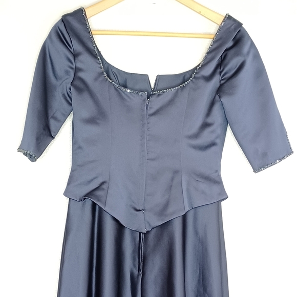 Mori Lee Satin Blue Mother of The Bride Floor Length Evening Gown - Picture 7 of 16